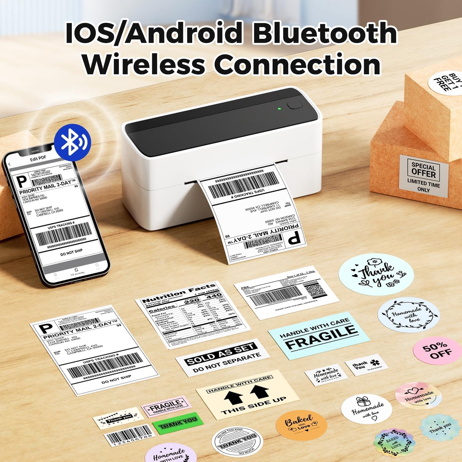 Bluetooth Thermal Label Printer, 241BT 4X6 Wireless Shipping Label Printer for Small Business, Pink Label Printer for Shipping Package, Compatible with iPhone, Android, Amazon, Shopify, UPSP