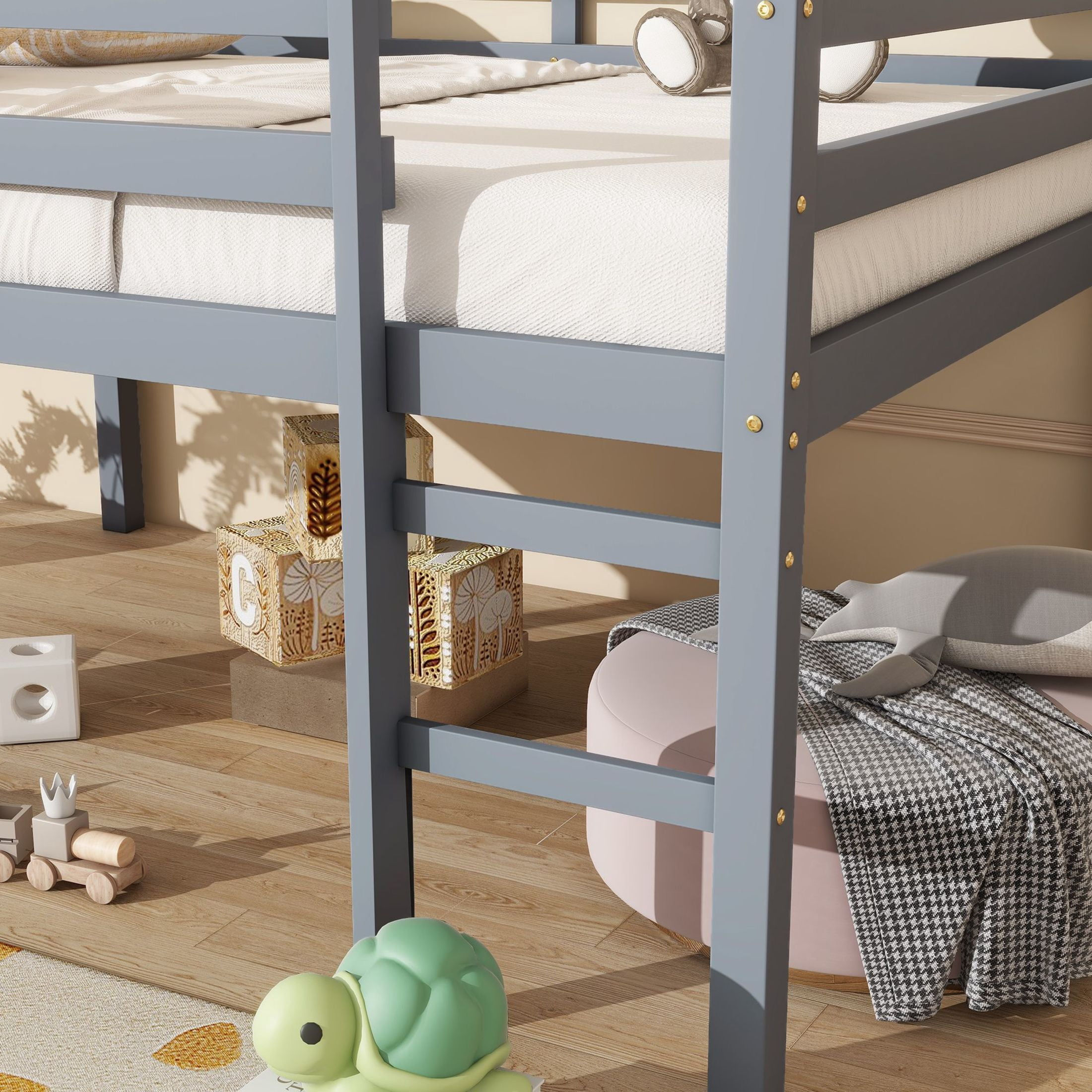 Noble House Full Loft Bed, Rubber Wood Frame with Ladder, Guardrails & Space-Saving Storage Design, Grey