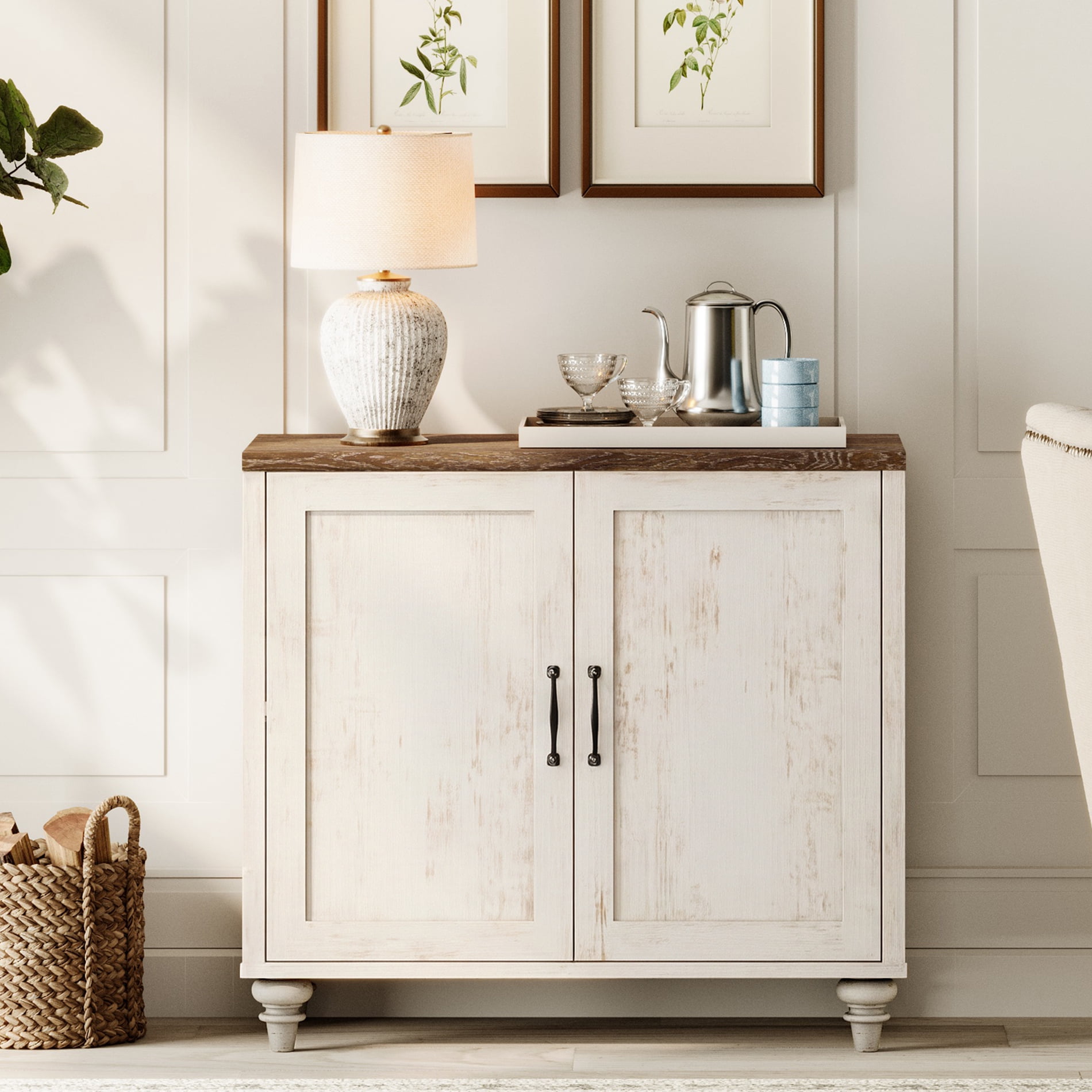 Modern Farmhouse Credenza, 34" Rustic White Storage Sideboard with Wood Doors