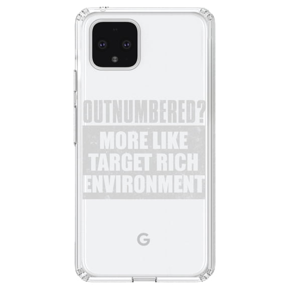 DistinctInk Clear Shockproof Hybrid Case for Google Pixel 4 (6.1" Screen) - TPU Bumper Acrylic Back Tempered Glass Screen Protector - Outnumbered? Target Rich Environment