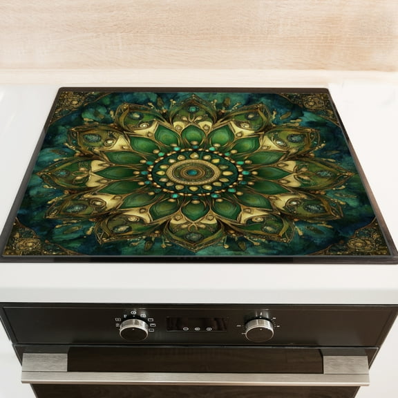Silicone Stove Mat for Glass Top Stove, Green Gold Flower In Mandala Style Electric Stove Cover Mat, 28 x 20 Inch Heat - Resistant Gas Gtove Burner Covers Glass Stove Top Protector