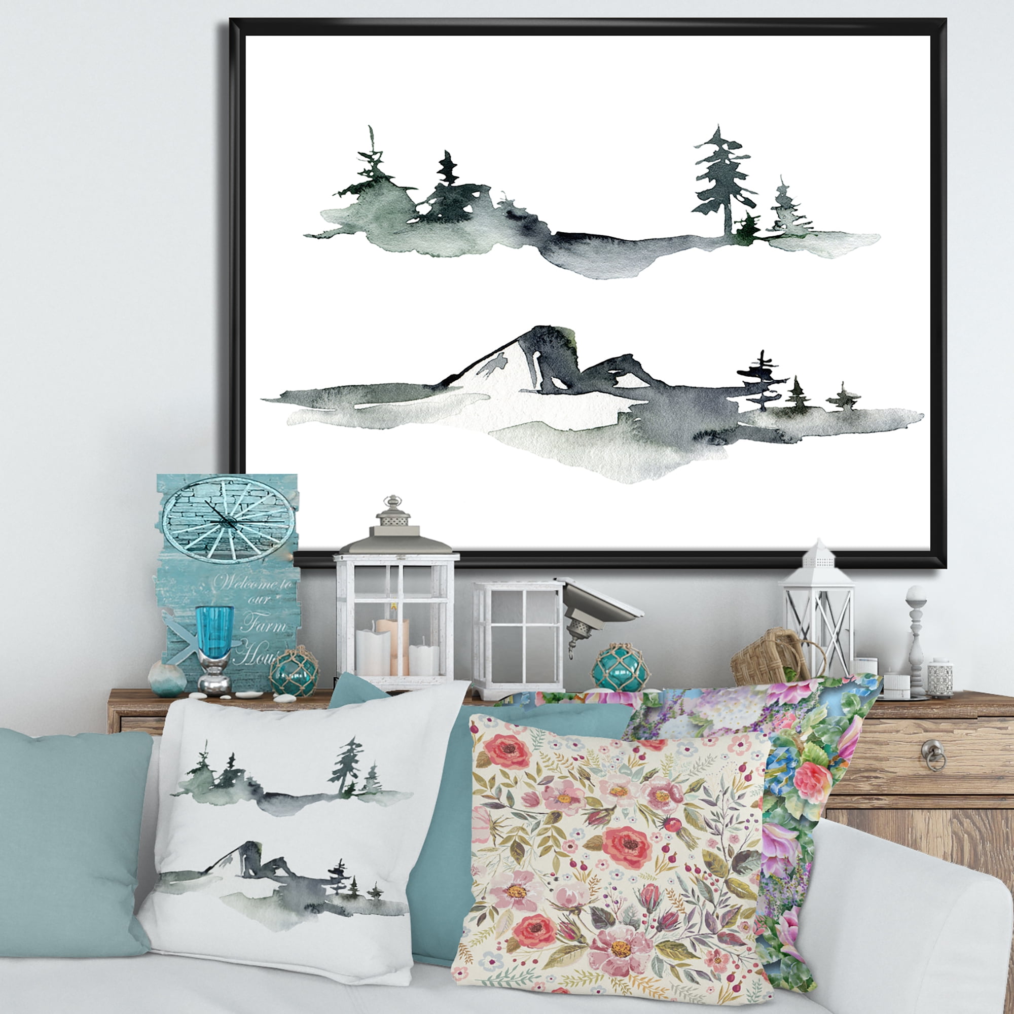 Trees With Winter Dark Blue Mountain Landscape I 40 in x 30 in Framed Painting Canvas Art Print, by Designart