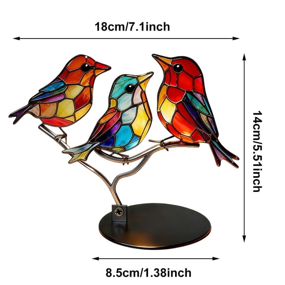 HCBY Colorful Stained Glass Metal Birds Ornament, Handcrafted Bird Figurines on Branch, Artistic Desk Decor for Home Office Shelf, Unique Gift Idea (B 3-bird,7.1"x5.5"x1.38")