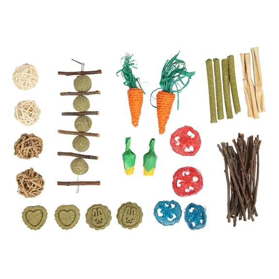 NFTIGB 20Pcs Hamster Chew Toys Set Natural Apple Branch Sweet Bamboo Loofah Rattan Ball Grass Cake Teeth Grinding Activity Bundle for Rabbits Guinea Pigs Chinchillas (Mixed Color, 8.27 in / 21 cm)