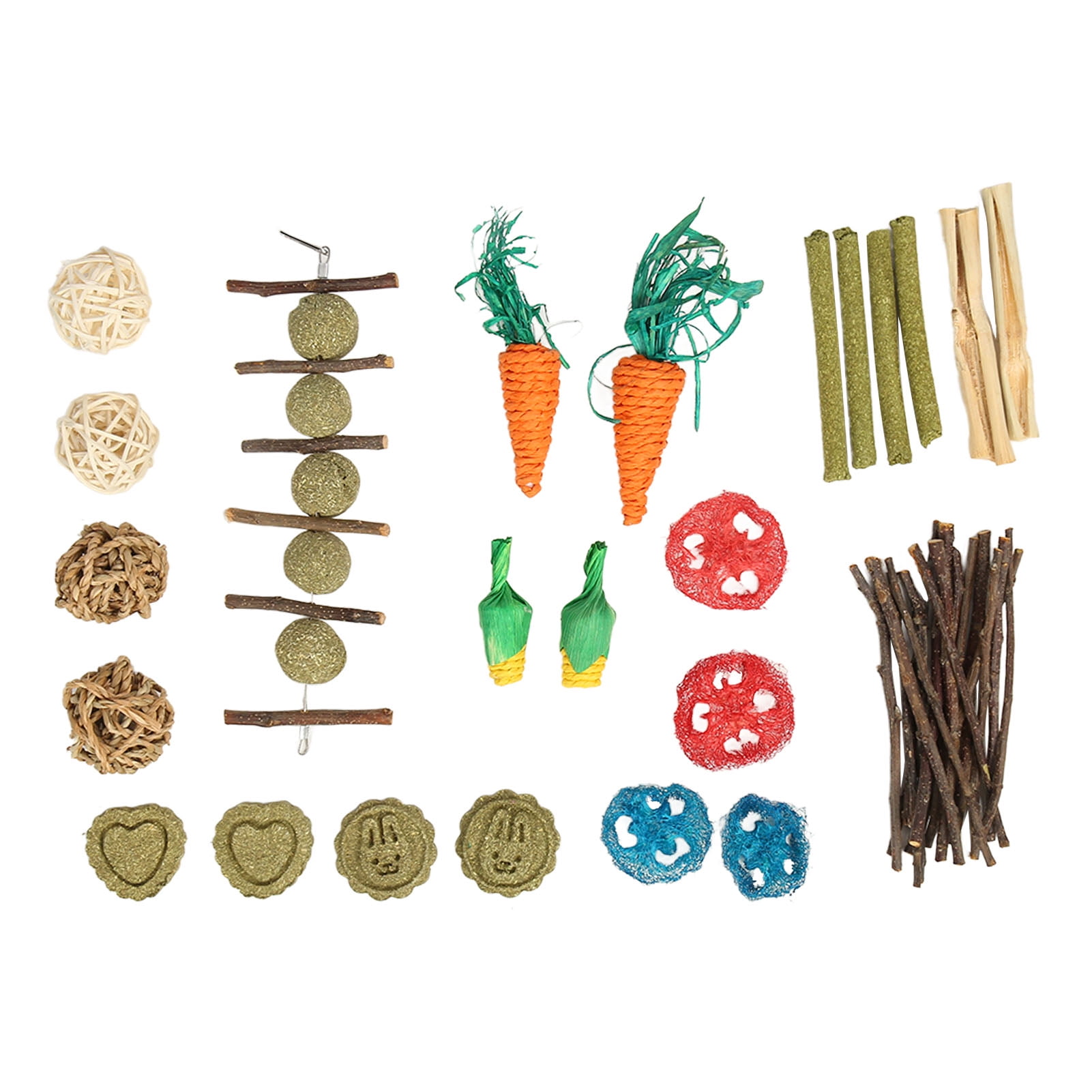 NFTIGB 20Pcs Hamster Chew Toys Set Natural Apple Branch Sweet Bamboo Loofah Rattan Ball Grass Cake Teeth Grinding Activity Bundle for Rabbits Guinea Pigs Chinchillas (Mixed Color, 8.27 in / 21 cm)