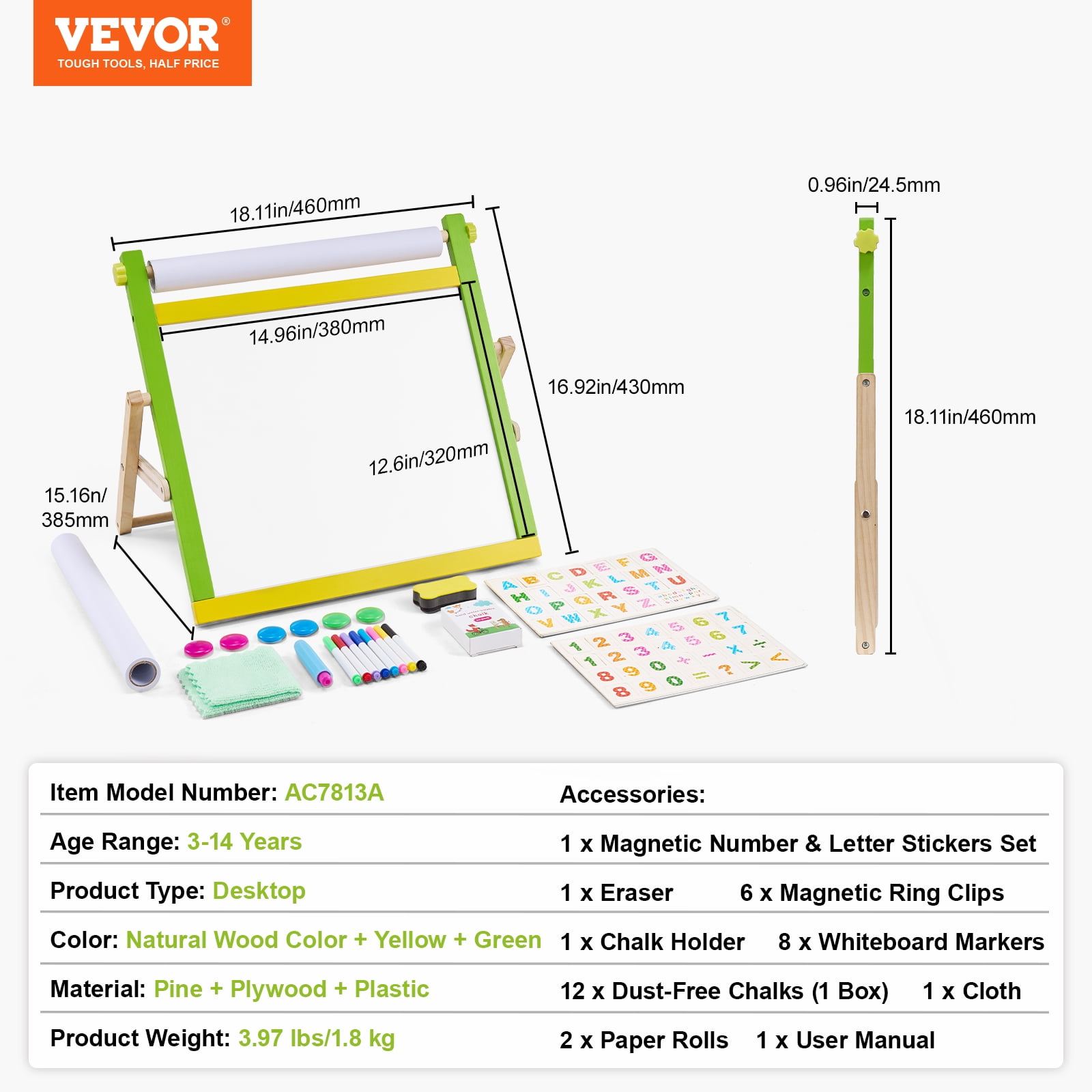 VEVOR Tabletop Art Easel for Kids, 3-in-1 Wooden Double-Sided Kides Art Easel with Magnetic Whiteboard, Chalkboard, Paper Roll, Foldable Portable Drawing Board with Painting Accessories