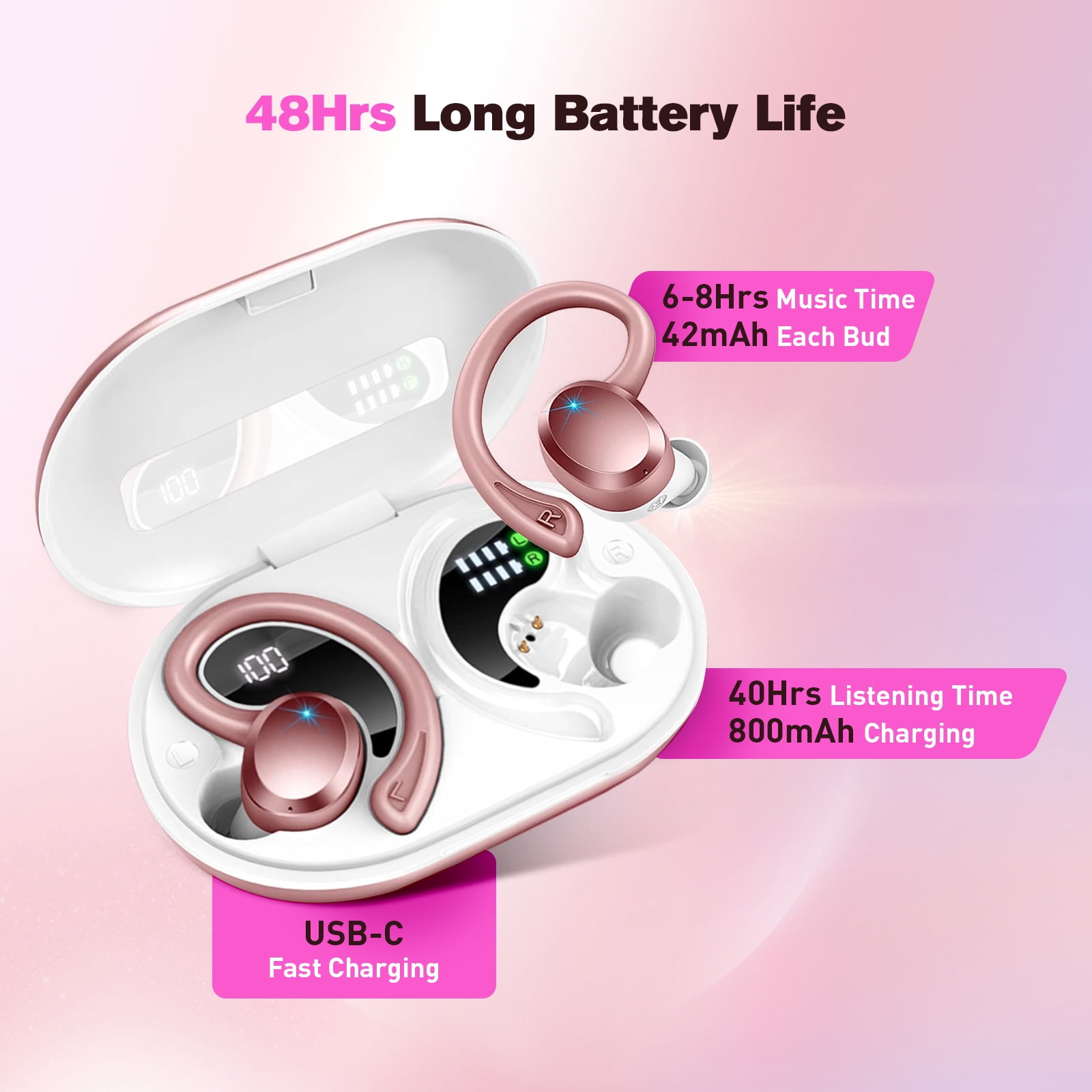 Wireless Earbuds Bluetooth Headphones - ETEPPEHI Bluetooth 5.3 Stereo Ear Buds with Earhooks, ENC Noise Cancelling Mic, IP7 Waterproof Earphone for Workout/Running, Pink