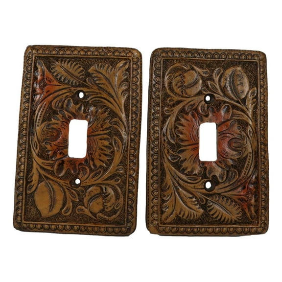 Set of 2 Western Tooled Floral Lace Faux Wood Wall Single Toggle Switch Plates