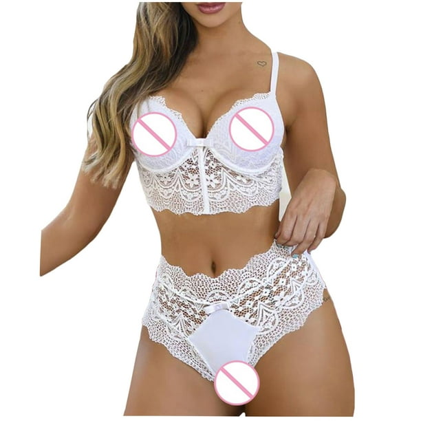 Bras for Women Women Lace Wireless Bowknot Bra Thong Lingerie Underwear  Pajamas Set M-6XL Push up Bras for Women White Size:S-XL
