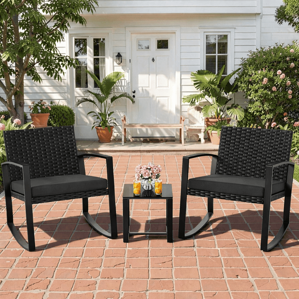 Aiho 3-Piece Rattan Rocking Set–Outdoor Patio Conversation Furniture with Coffee Table for Balcony, Garden, Backyard, or Poolside (Black)