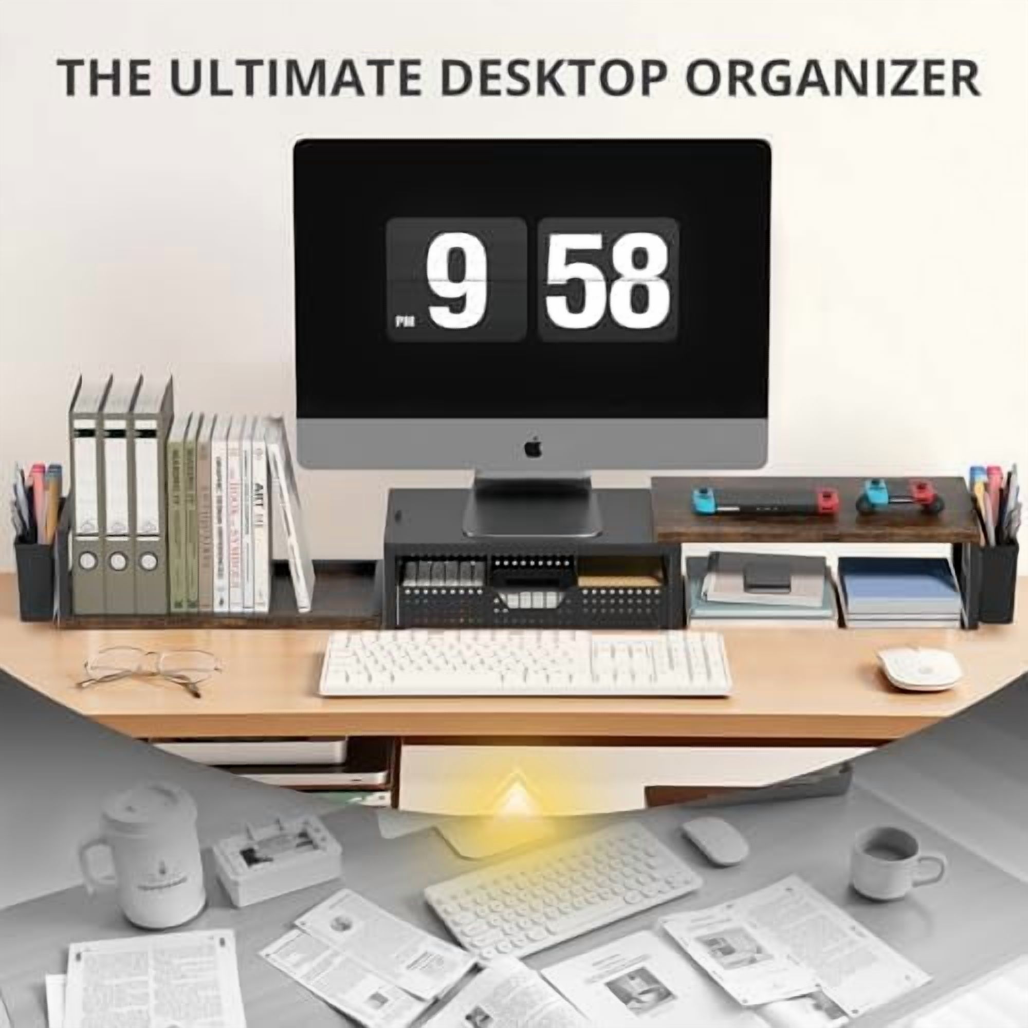 Wood Desk Organizers and Accessories, Dual Monitor Stand Riser with Drawer and 2 Pen Holders, Desk Shelf Computer Racks for Office Workspace Organizers, Desktop Organization (Rustic Brown)