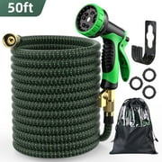 50ft Flexible Garden Hose w/10 Function Nozzles, Expandable Water Hose with 3 /4 Inch Solid Brass Fittings & Double Latex Core, Lightweight Hose for Watering and Washing, Kink&Tangle Free Rust Proof