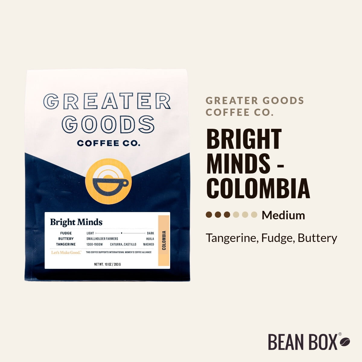 Bright Minds - Colombia - Roasted by Greater Goods Coffee Co. - Whole Bean Coffee - 10oz Bag