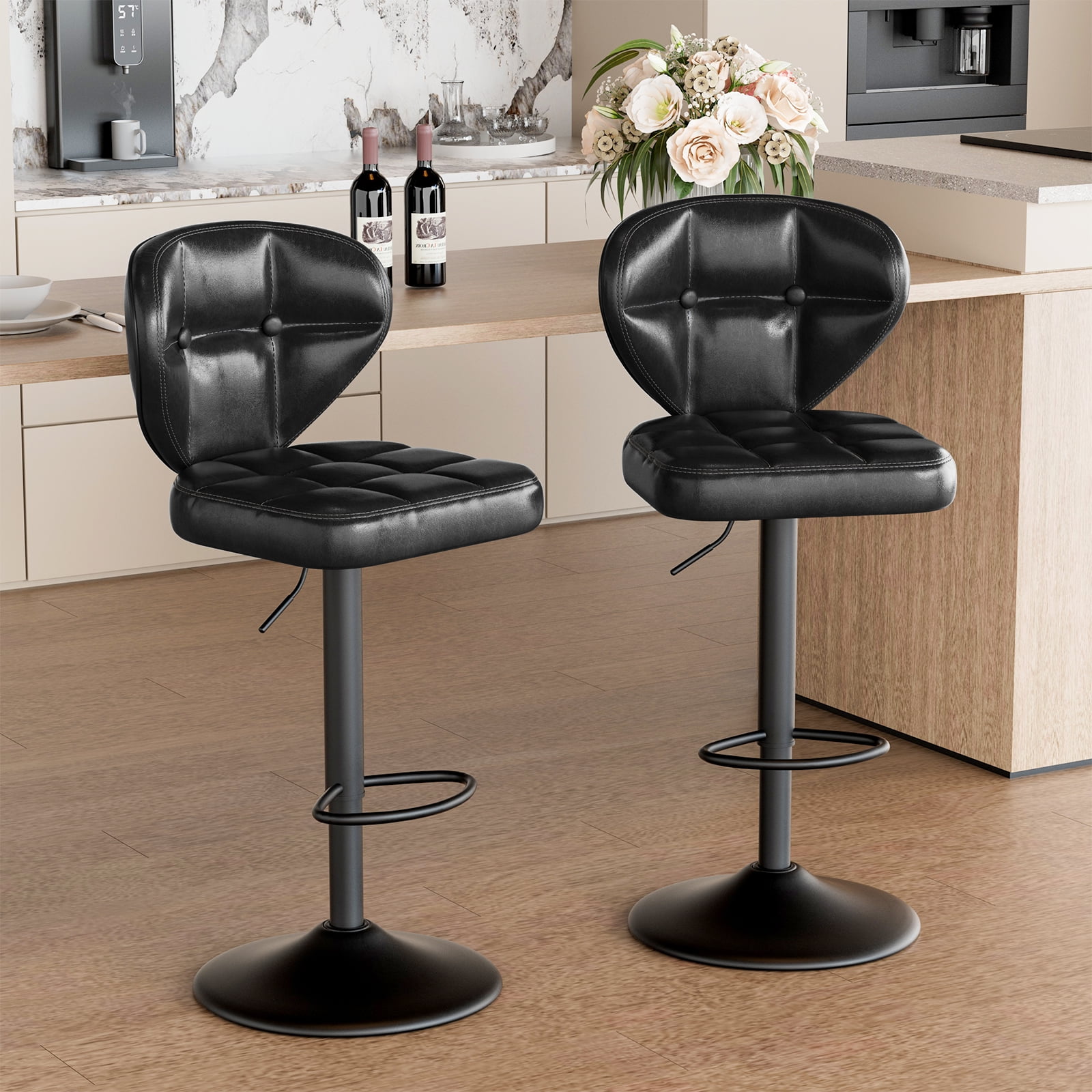 Hawsaiy Vintage Style Leather Bar Stool Set of 4 with Button-Tufted Design,Black