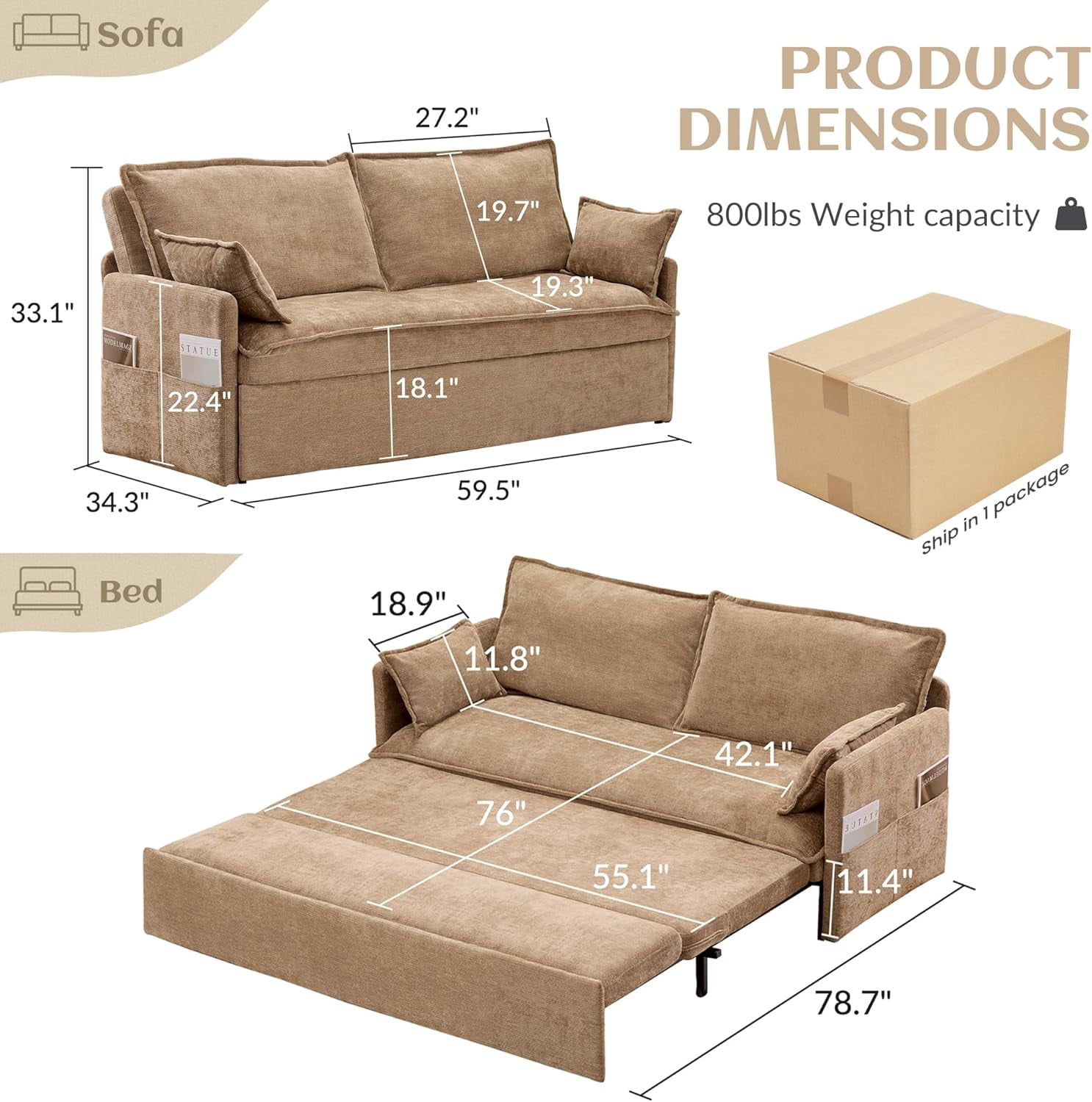 Modern Convertible Sleeper Sofa with USB Charging, Queen-size Corduroy Upholstery Sofa Bed, Brown