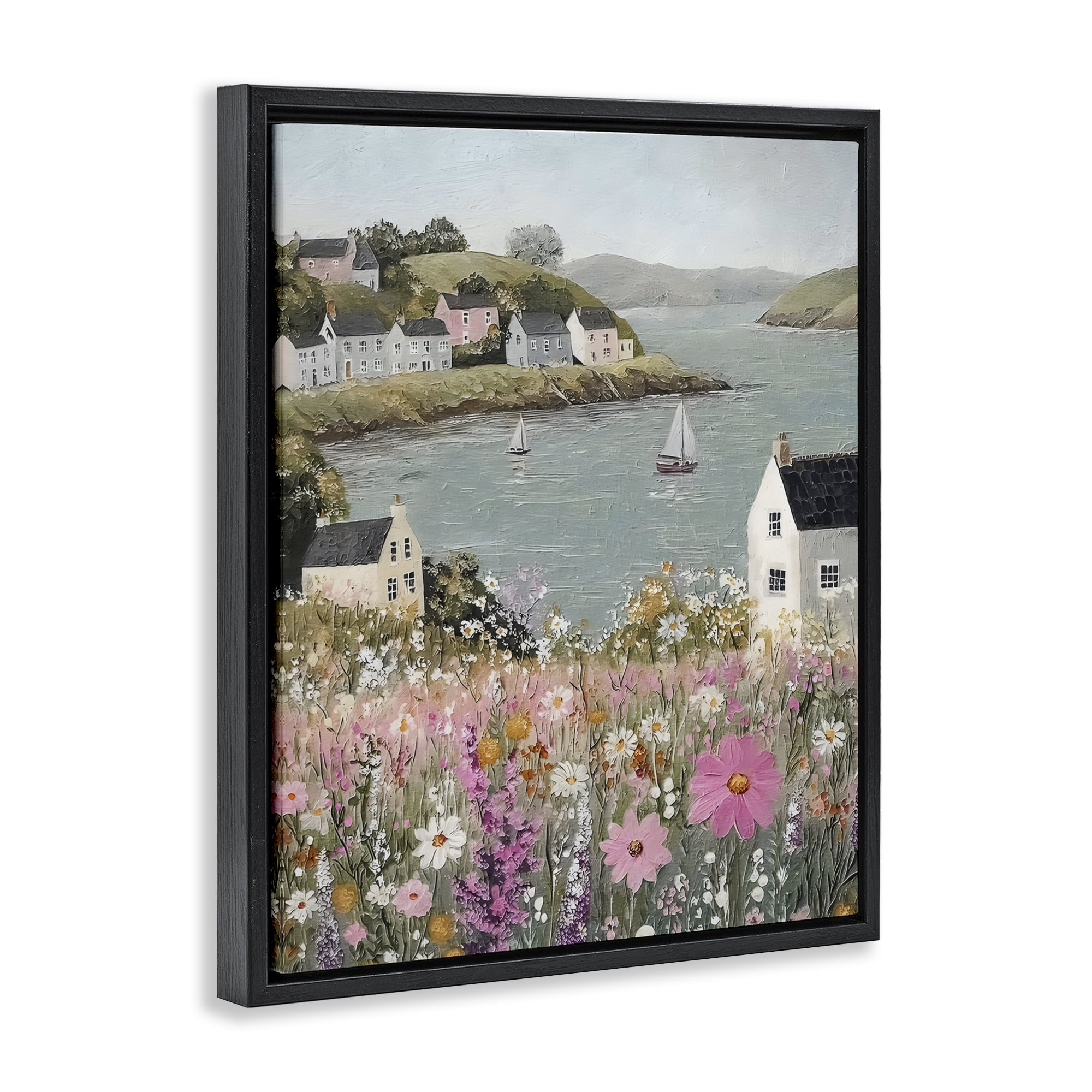 Stupell Industries Seaside Cottages & Sailboats Black Framed Floater Canvas Wall Art, design by Riley B