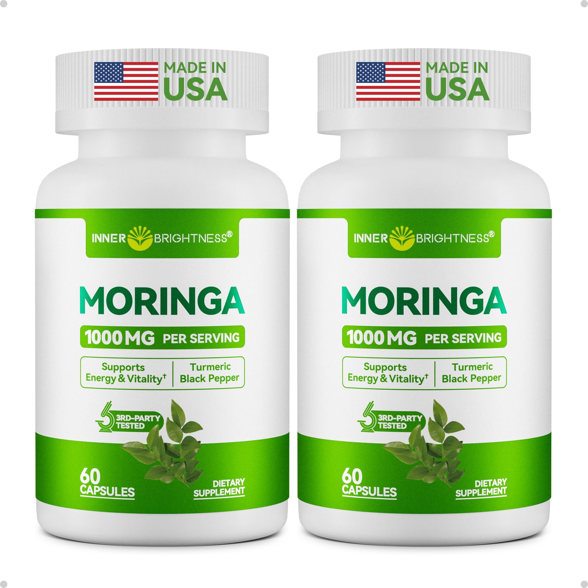 Inner Brightness Moringa Capsules 1000mg Per Serving for Men & Women – 10:1 Moringa Leaf Extract Green Superfood for Energy & Immune Support – Vegan, Non-GMO, 120 Count, Made in USA