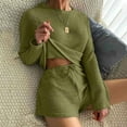thumbnail image 2 of JWZUY Womens Waffle Knit Pajama Sets Long Sleeve Top and Shorts Matching Lounge Set Loungewear Sweatsuit Green M, 2 of 6