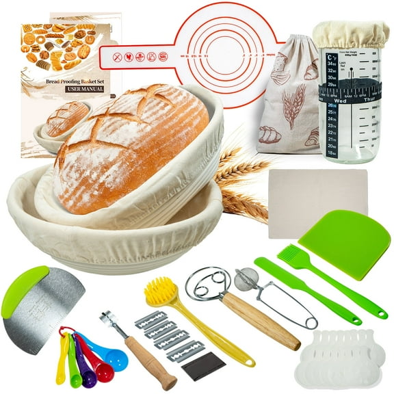 Sourdough Bread Proofing Basket Set,Round & Oval Rattan Baking Supplies Set with 32oz Starter Jar Kit - Ideal for Artisan Bakers and Beginners