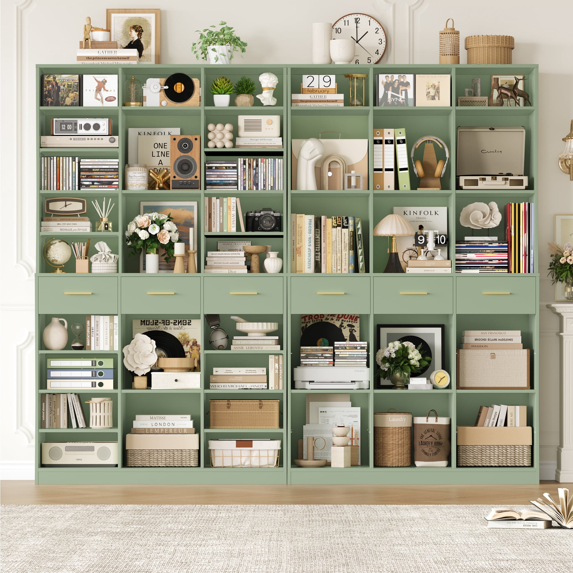 Homfa 75'' Tall Bookcase with Adjustable Shelves, 3 Drawers Display Bookshelf For Living Room, Home Office, Green
