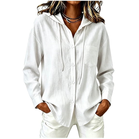 Puntoco Women's Hooded Button Down Shirt Jacket, Long Sleeve Pocket Loose Linen Look Sun Protection Beach Cover Up Cardigan Blouse White XL