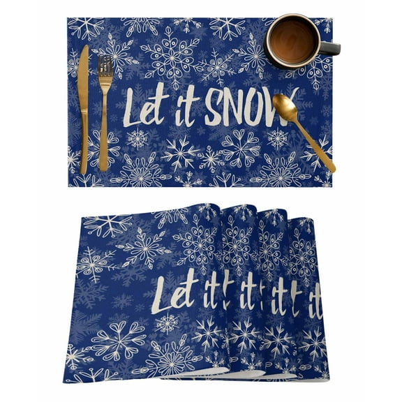 Winter Snowflake Placemats Set of 4 Snow Christmas Navy Background Heat Insulation Washable Place Mats, Rustic Non-Slip Table Mats for Dining Table Party Kitchen Decor,13x19 Inch