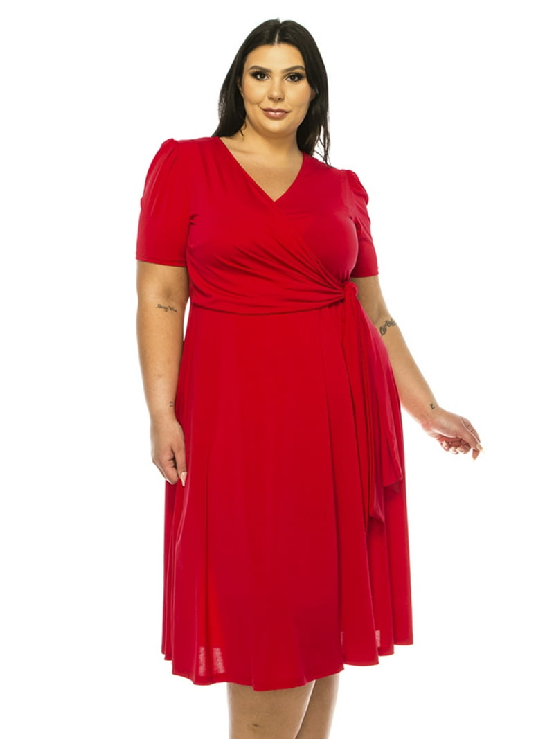 Women's Plus size Stylish Solid Faux Wrap Dress with Deep V-Neck Women's Plus size Stylish Solid Faux Wrap Dress with Deep V-Neck