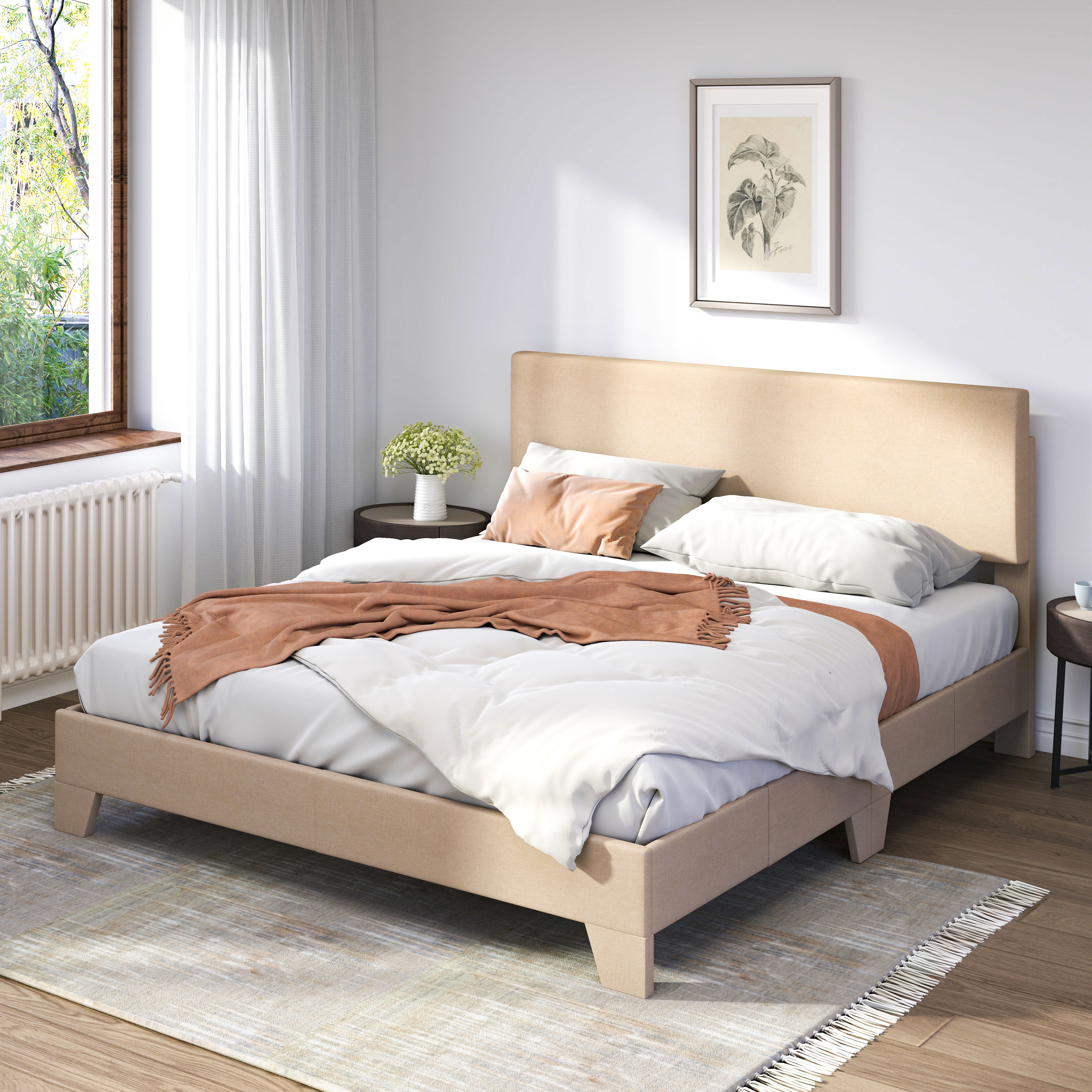 Sifurni Full Size Platform Bed Fame with Upholstered Adjustable Fabric Headboard, Beige