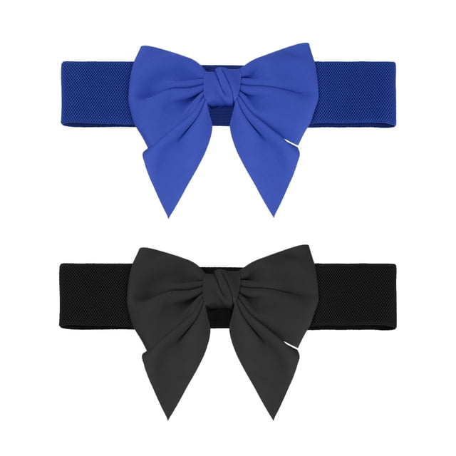 Cinturones elásticos anchos de 2 piezas para mujer Elerevyo, decoración de cinturón con lazo, cinturones versátiles de moda 27.6x2.3" Negro+Azul