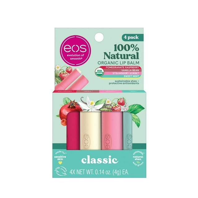 Bálsamos Labiales eos Sorbete de Fresa, Vaina de Vainilla, Menta Dulce y Frambuesa Granada 100% Natu