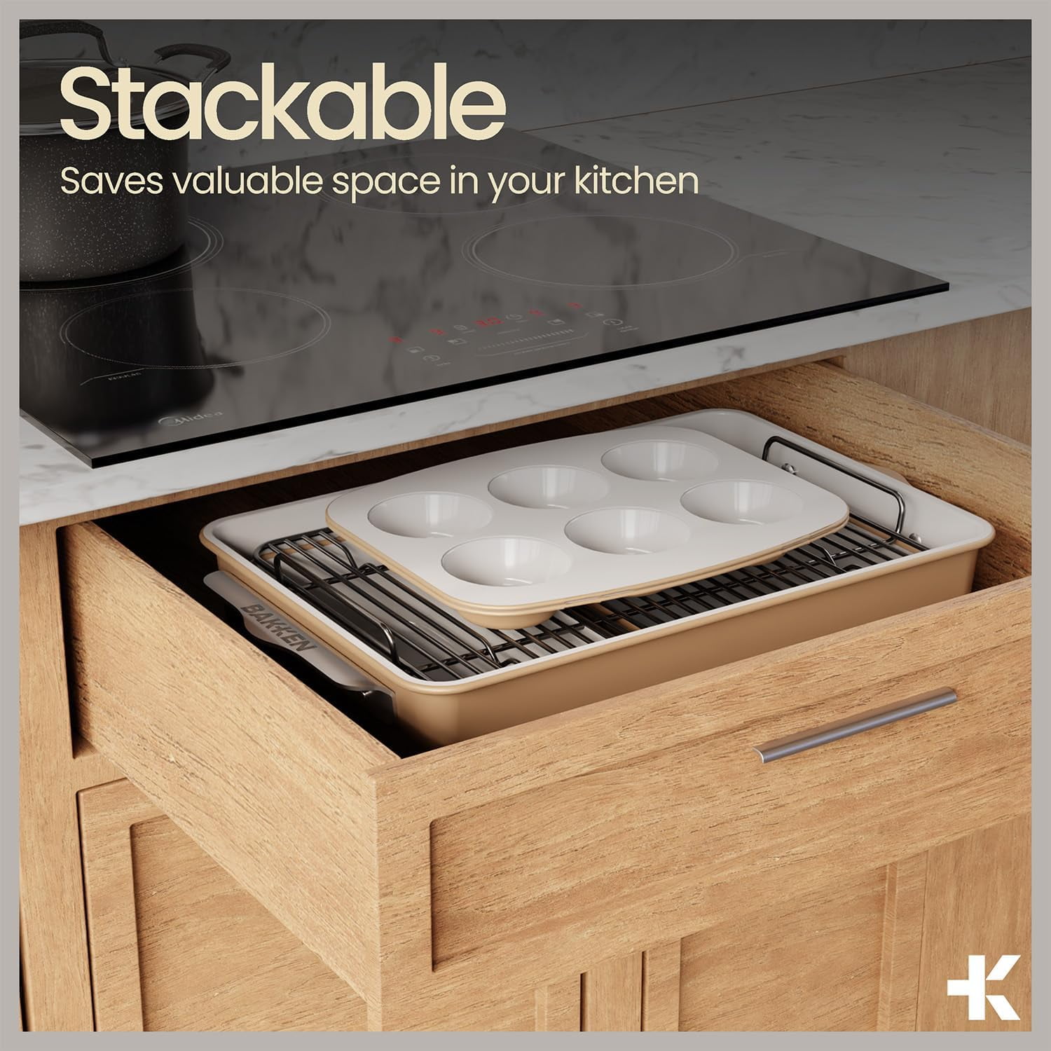 BAKKEN 8-Piece Stackable Bakeware Set, Ceramic Nonstick Oven-Safe Baking Sheets and Pans with Cooling Rack, Ergonomic Handles