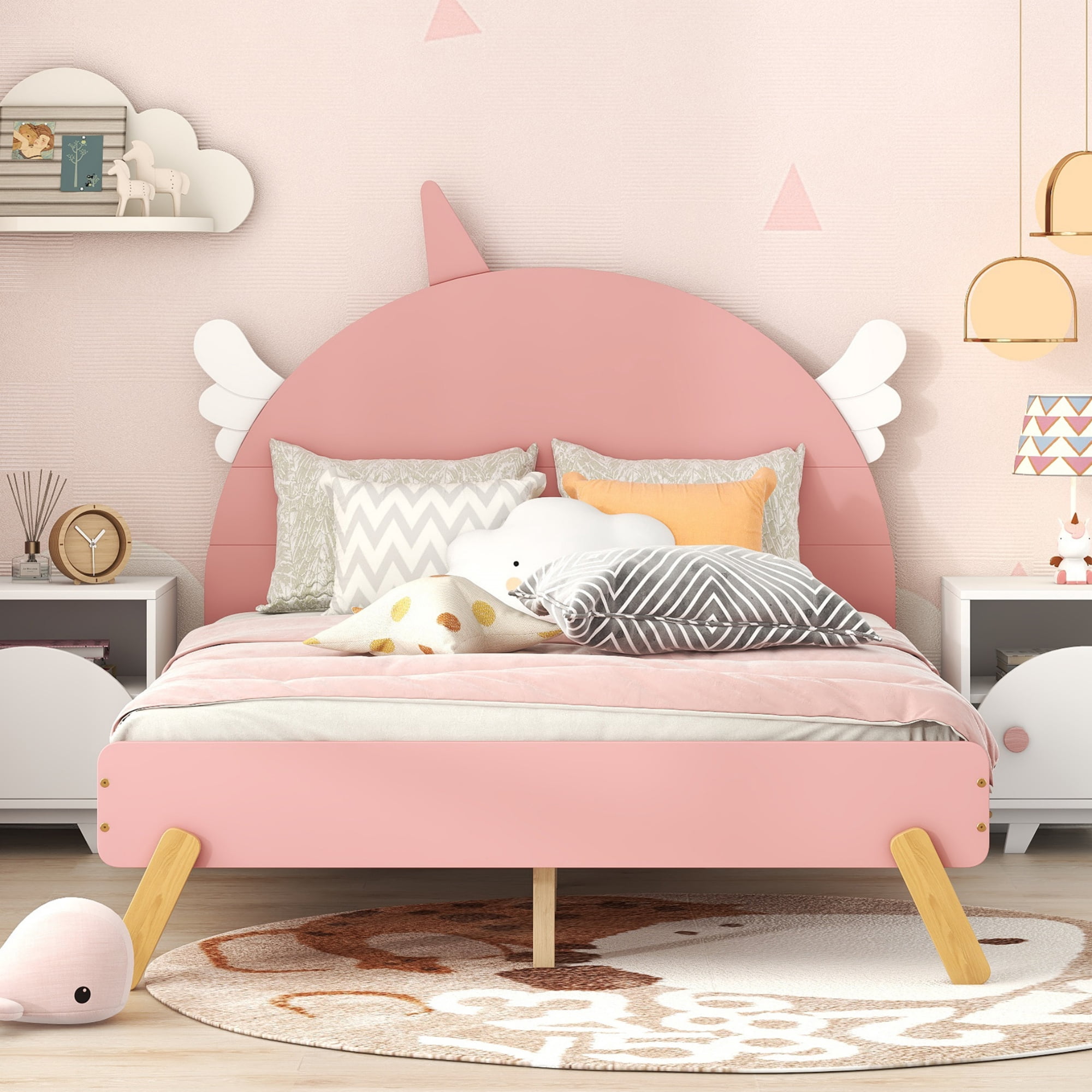 Aukfa Platform Bed with Unicorn Horn Headboard for Kids, Wood Full Size Bed Frame - Pink