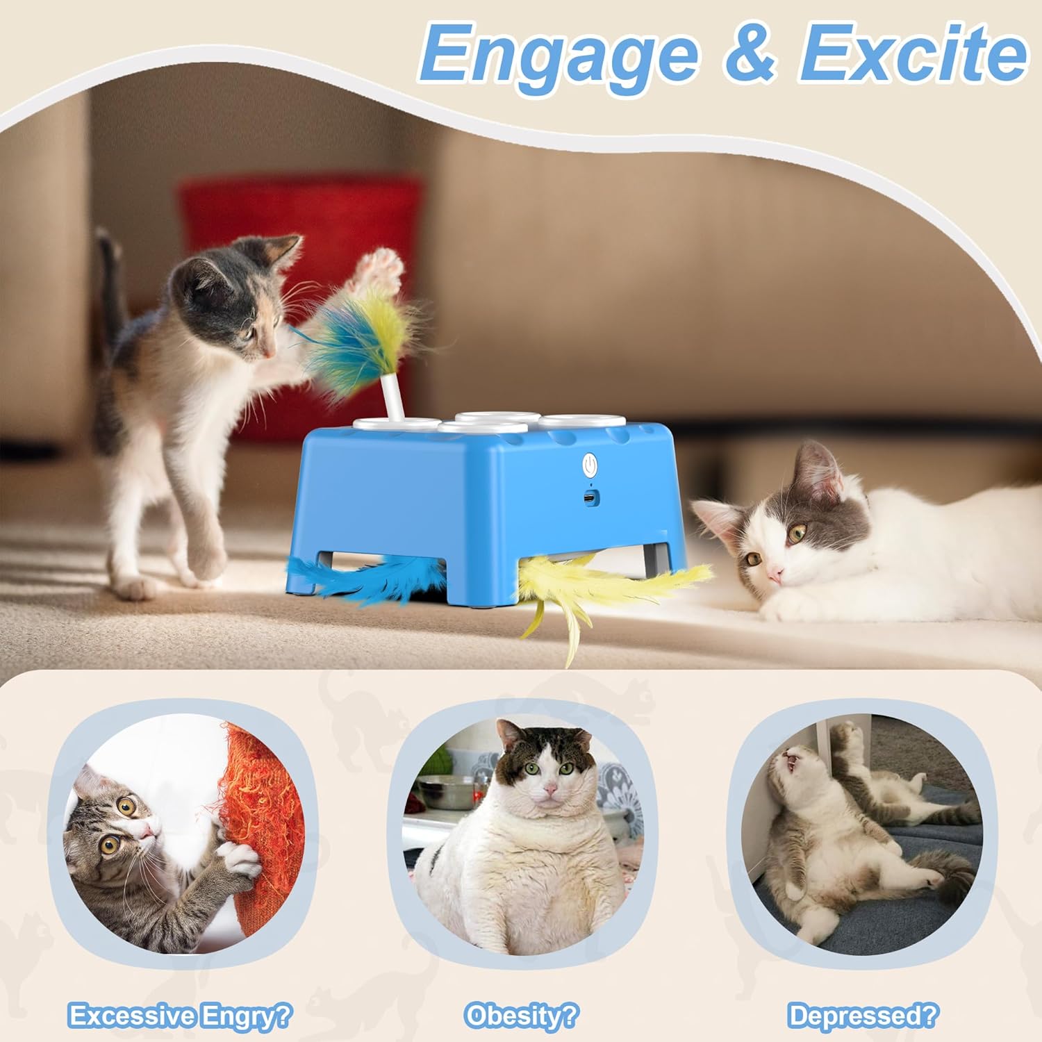 Cat Toys, Interactive Cat Toys, 2-in-1 Automatic Cat Toy, 4 Holes Mice Whack A Mole Cat Mouse Toy with Moving Feather, Portable USB Rechargeable Electronic Kitten Toys