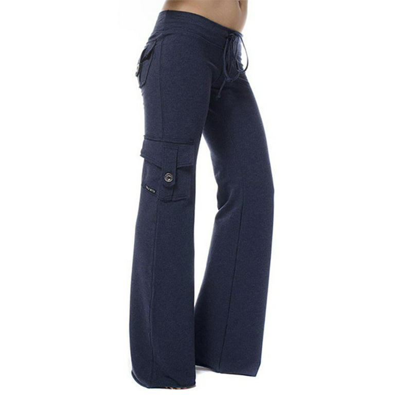 Softmallow Women's High Waist Wide Leg Jogger Trouser Plus Size Flare Sweat  Pant with Pocket Blue S