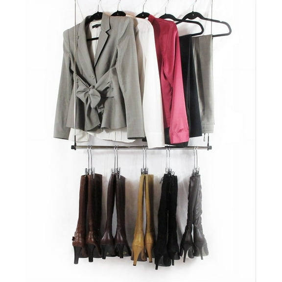 Boottique Hanging Boot Rack- Closet Doubler (Rubber Rod Hanger with 6 Silver Boot Hangers)