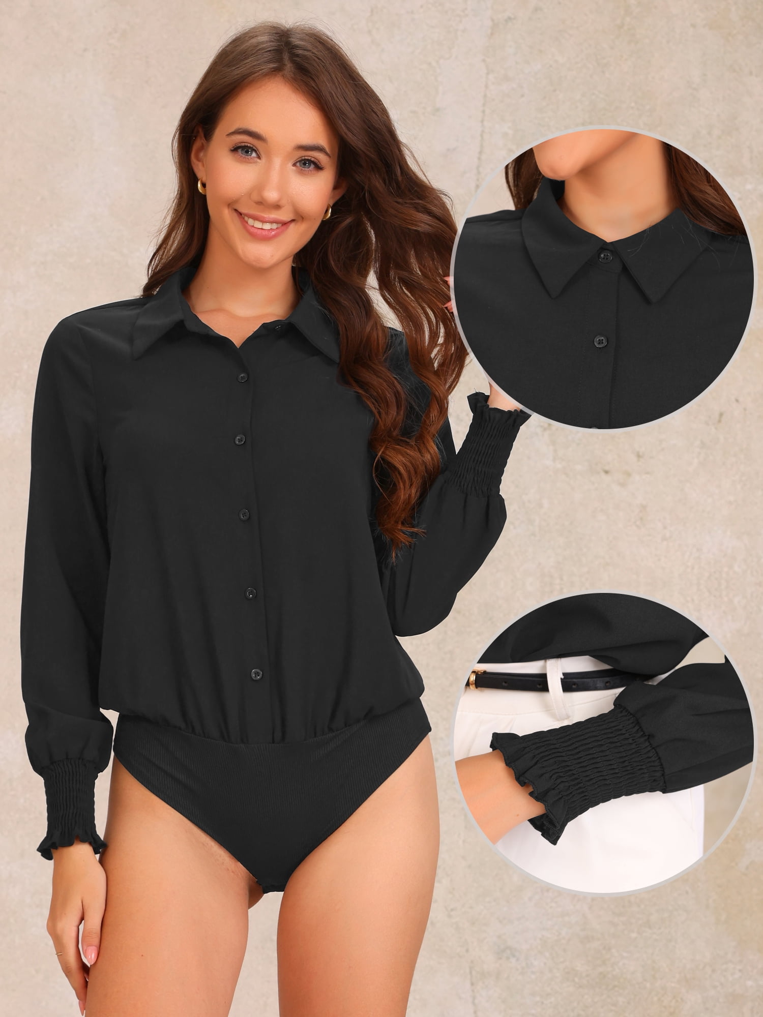 DARING DIVA Leotard Shirt Collared Dressy Bodysuit Top L Black