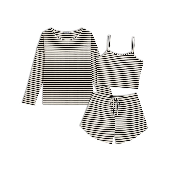 Ekouaer 3 Piece Waffle Knit Lounge Set for Women, Long Sleeve and Cami Top with Shorts Pajama Sets for All Seasons