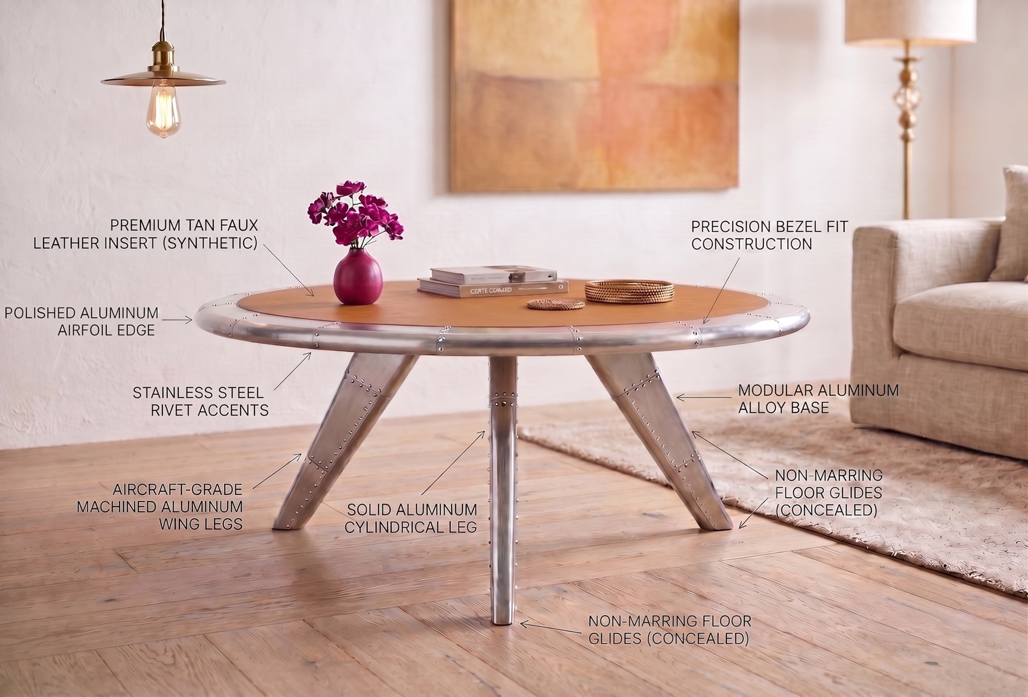 Aviator Round Coffee Table Industrial Aluminum & Leather Accent Center Table with Exposed Rivet Detail