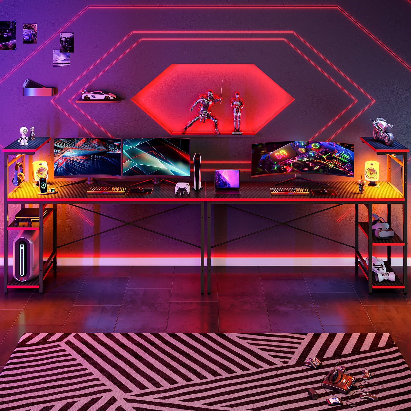 Bestier 61" Reversible Gaming Desk with PC Shelf Computer Desk with LED Light  Carbon Fiber