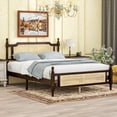 thumbnail image 4 of Queen Pine Wooden Bed Featuring Rattan Headboard & Footboard, Central Enhanced Platform, Espresso, 4 of 26