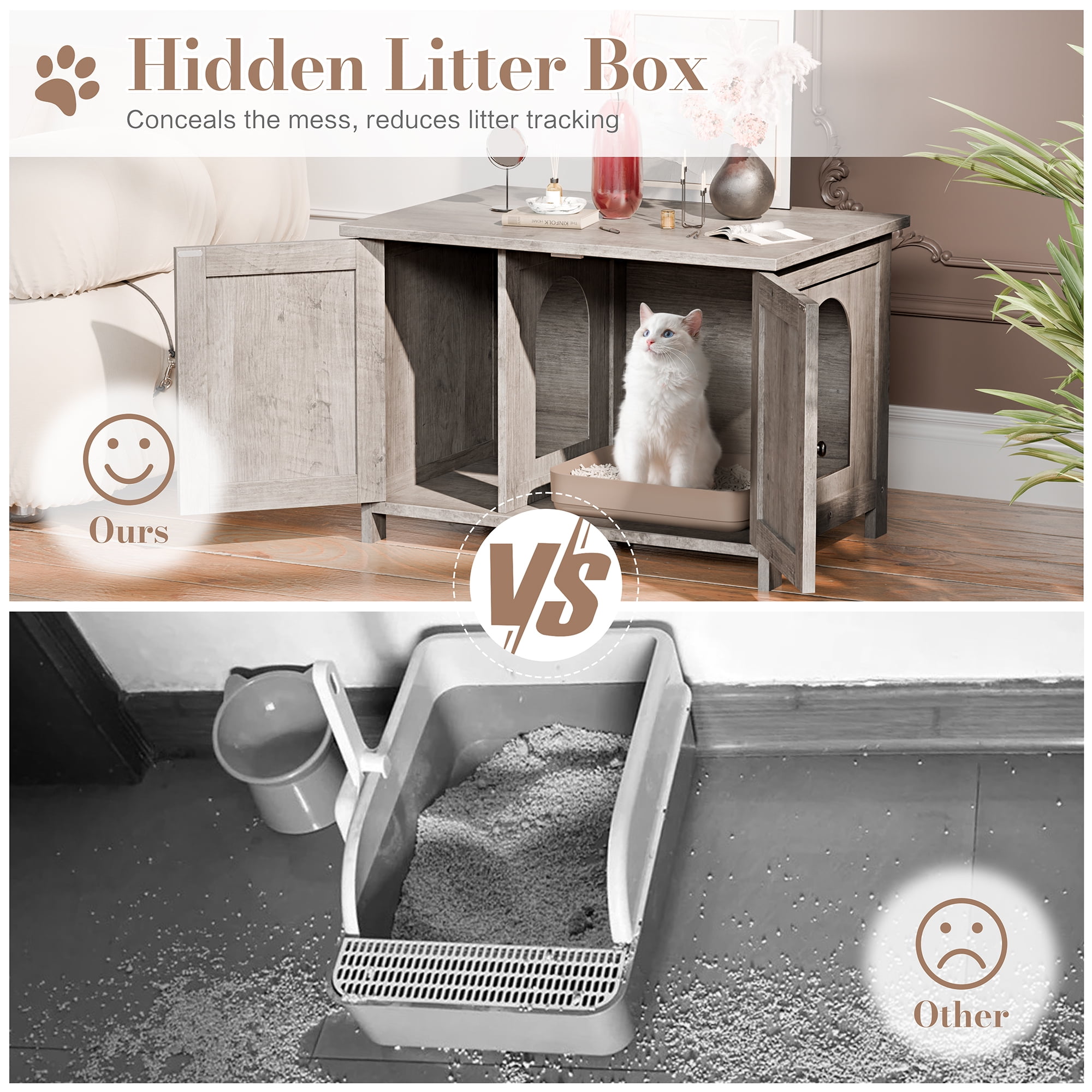 Walsunny Hidden Cat Litter Box Cat Washroom with Double Removable doors and Divider Indoor for Living Room Gray