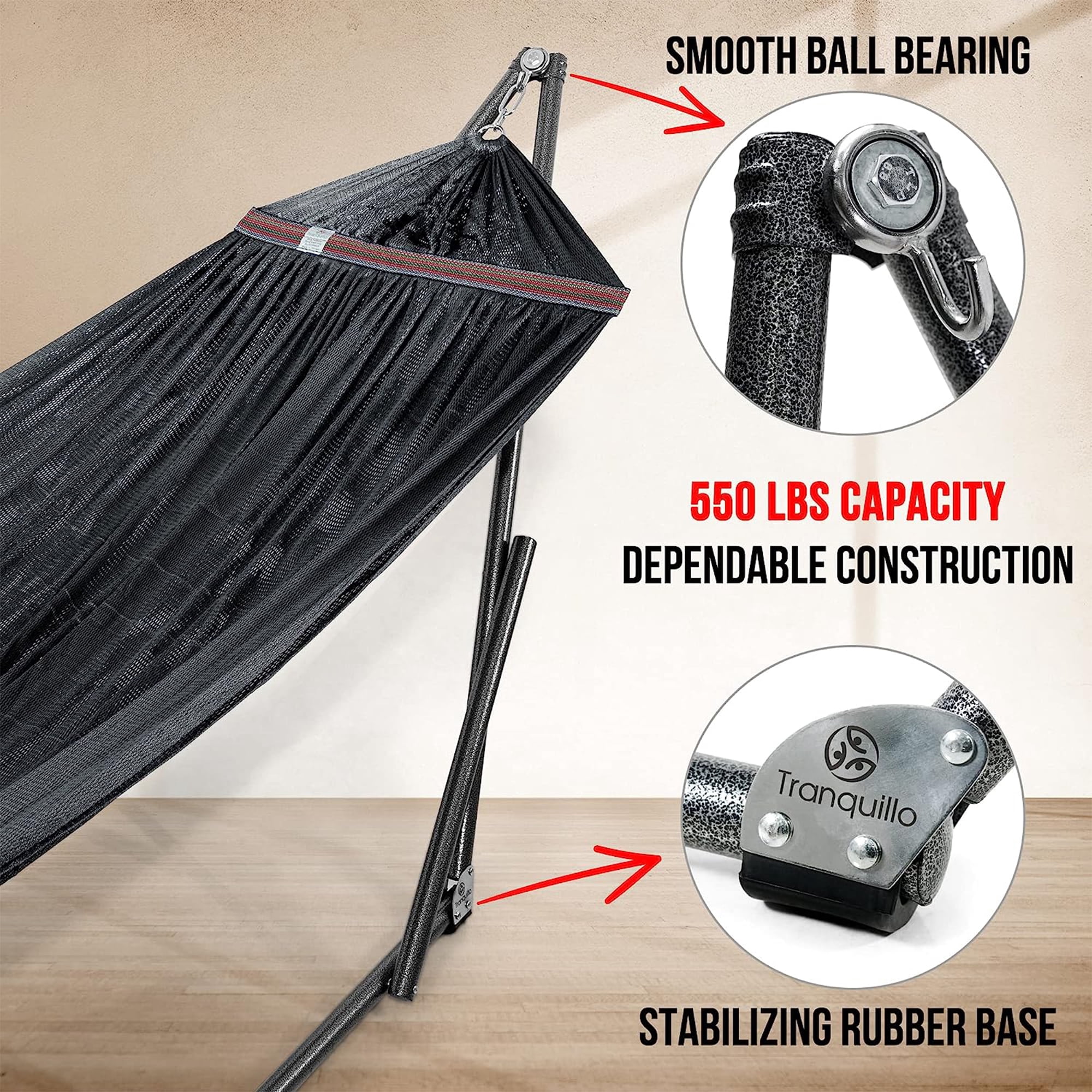 Tranquillo Universal 106.5" Double Hammock w/ Adjustable Stand & Bag, Black