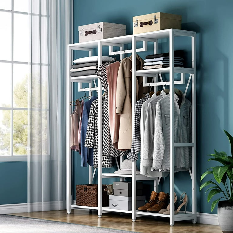 Clothes Organizer with 3 Hanging Rod Closet Organizer with Shelf Portable  Closet with Cover Clothes Rack Standing Closet Clothes Storage Wardrobe  Garment Cabinet 50x17x67inch 