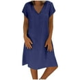 thumbnail image 2 of Sundresses for Women Cotton Linen Short Sleeve V Neck Loose Fit Flowy Midi Dress Summer Beach Vacation Dress, 2 of 8