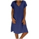 thumbnail image 1 of Vestido midi de manga corta de lino de color liso con cuello en V para mujer: vestido informal para verano y otoño, 1 of 7