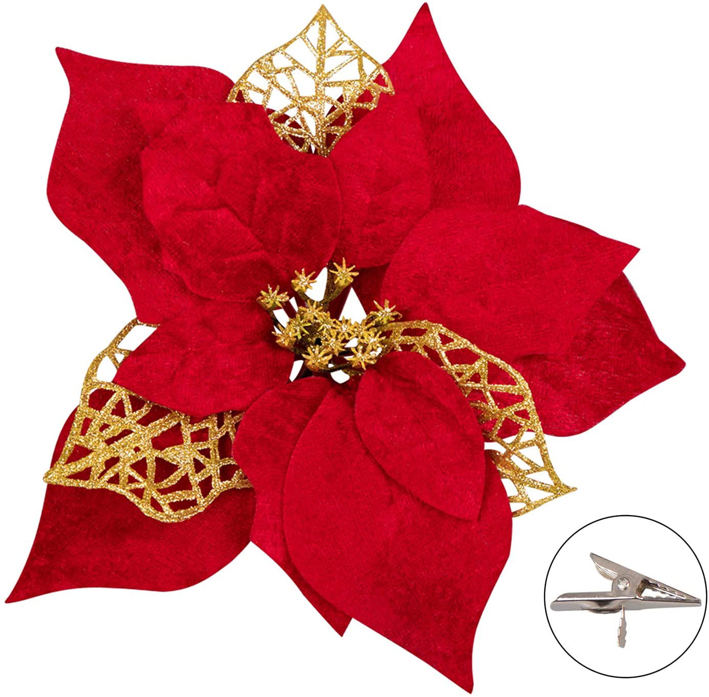 CLIP ON CHRISTMAS TREE DECORATION FLOWER 4" DEEP RED CUP PEONY & GOLD SPARKLE 