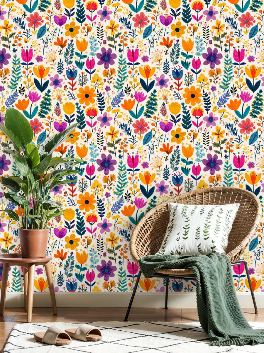 Peel and Stick Wallpaper 17.7in x 9.8ft Colorful Hand Drawn Floral Vibrant Flowers Leaves Light Contact Paper Vinyl Self-Adhesive Removable Wall Paper for Bedroom Kitchen Cabinet Renter Friendly