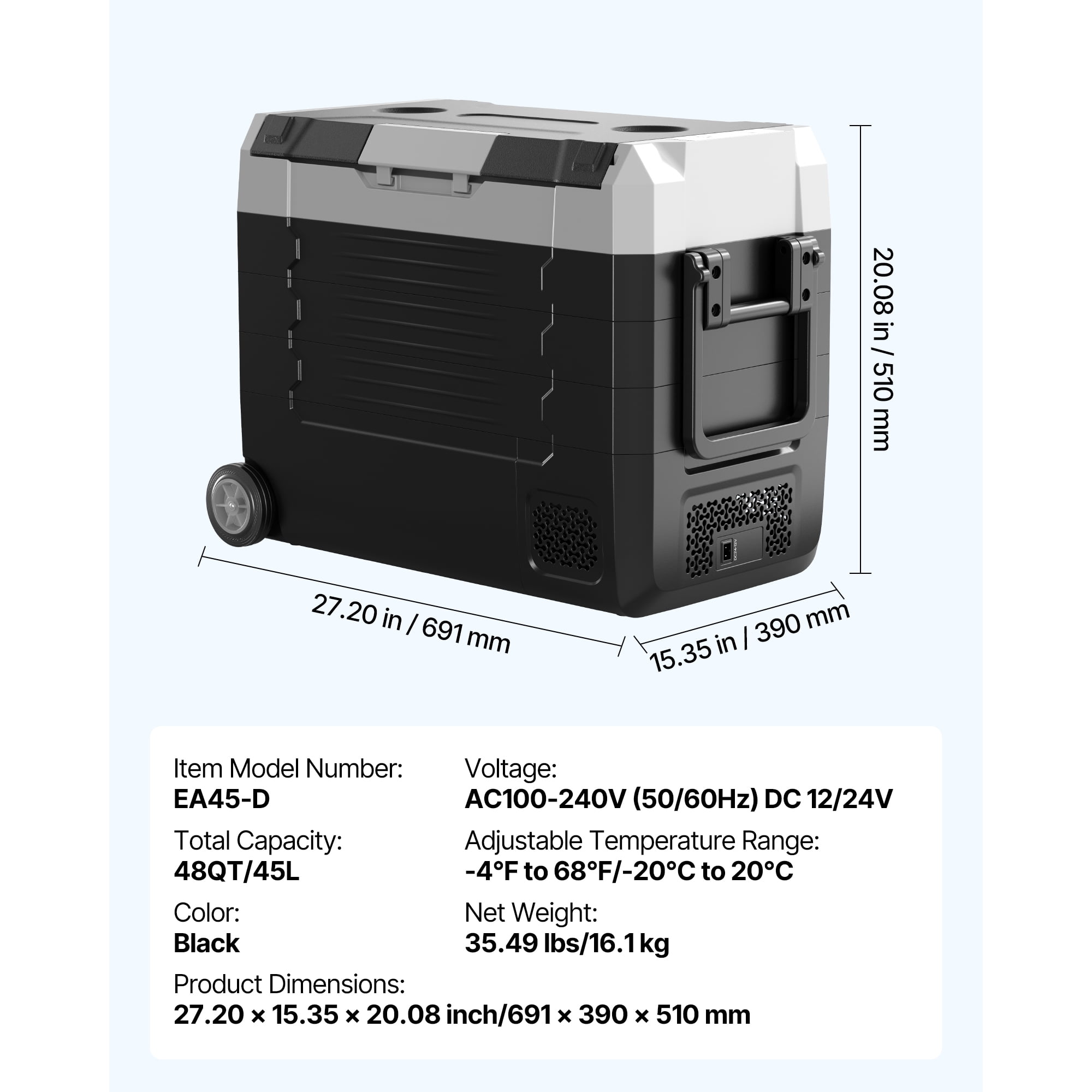 KFFKFF Portable Car Refrigerator, DC 12/24V AC100-240V Compressor Cooler, -4°F to 68°F Vehicle Fridge with App Control, Wheels & Dual Zone, 48 QT Cooler for RVs, Boats, Camping, and Fishing
