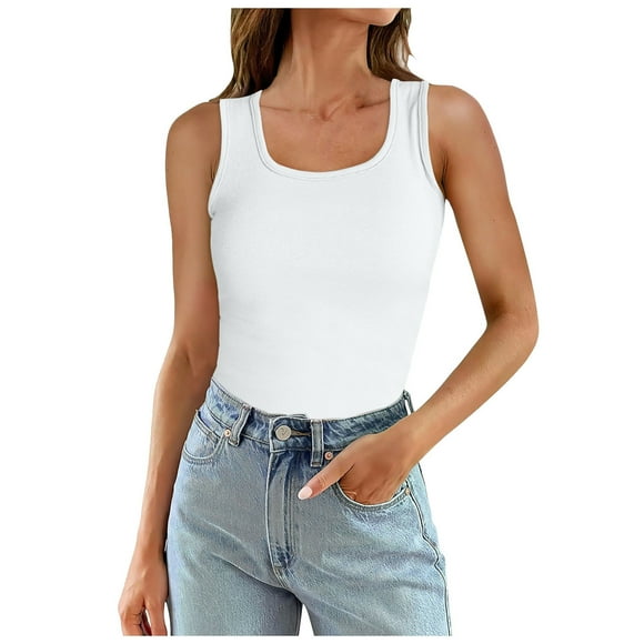 Women T Shirt Ribbed Vest Scoop Neck Slim Top Casual Basic Knitted Sleeveless Shirt Womens Tshirts White M