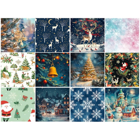 Holiday Themed Scrapbook Paper, 12 Sheets Double Sided Christmas Card Making Stock, Snowflake Geometric Pattern for DIY Crafts, Gift Wrapping, School Projects, Home Decorations